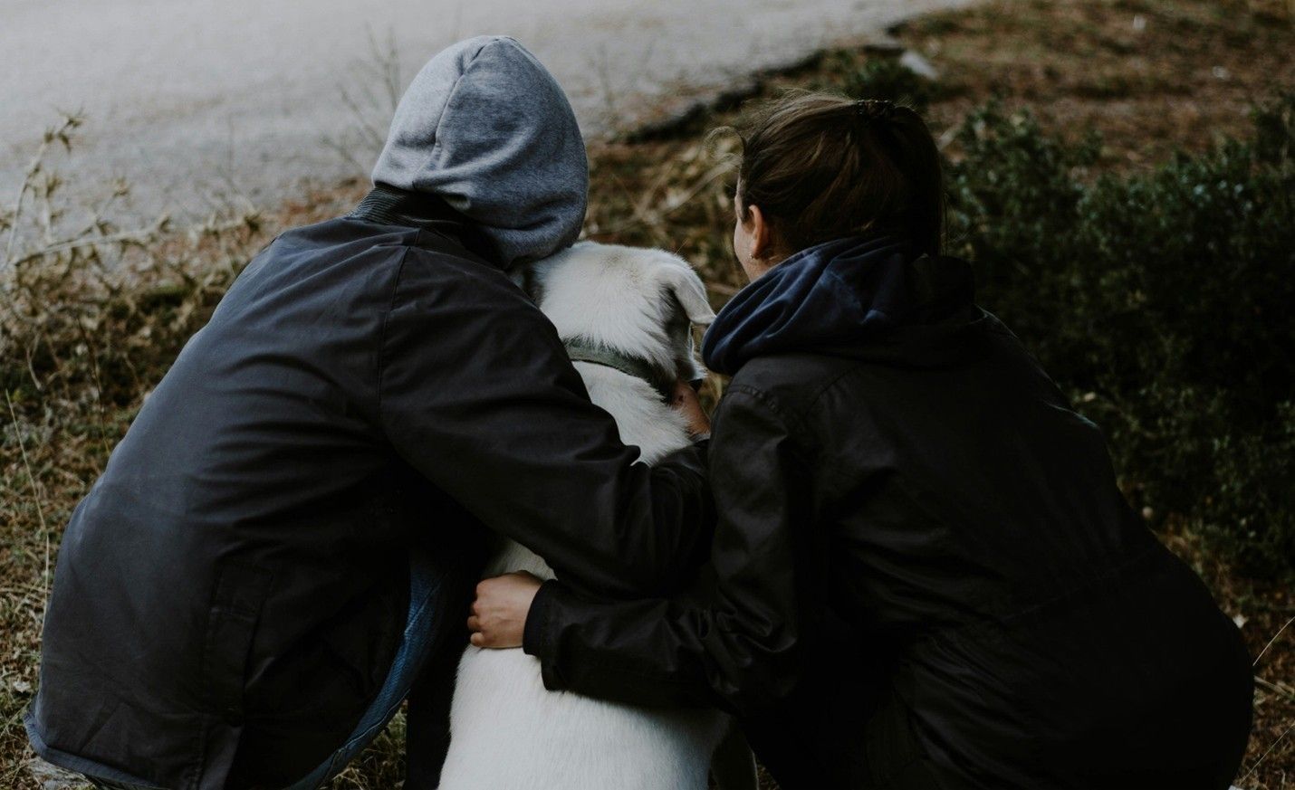 Two people in dark jackets kneel beside a white dog on a grassy path.