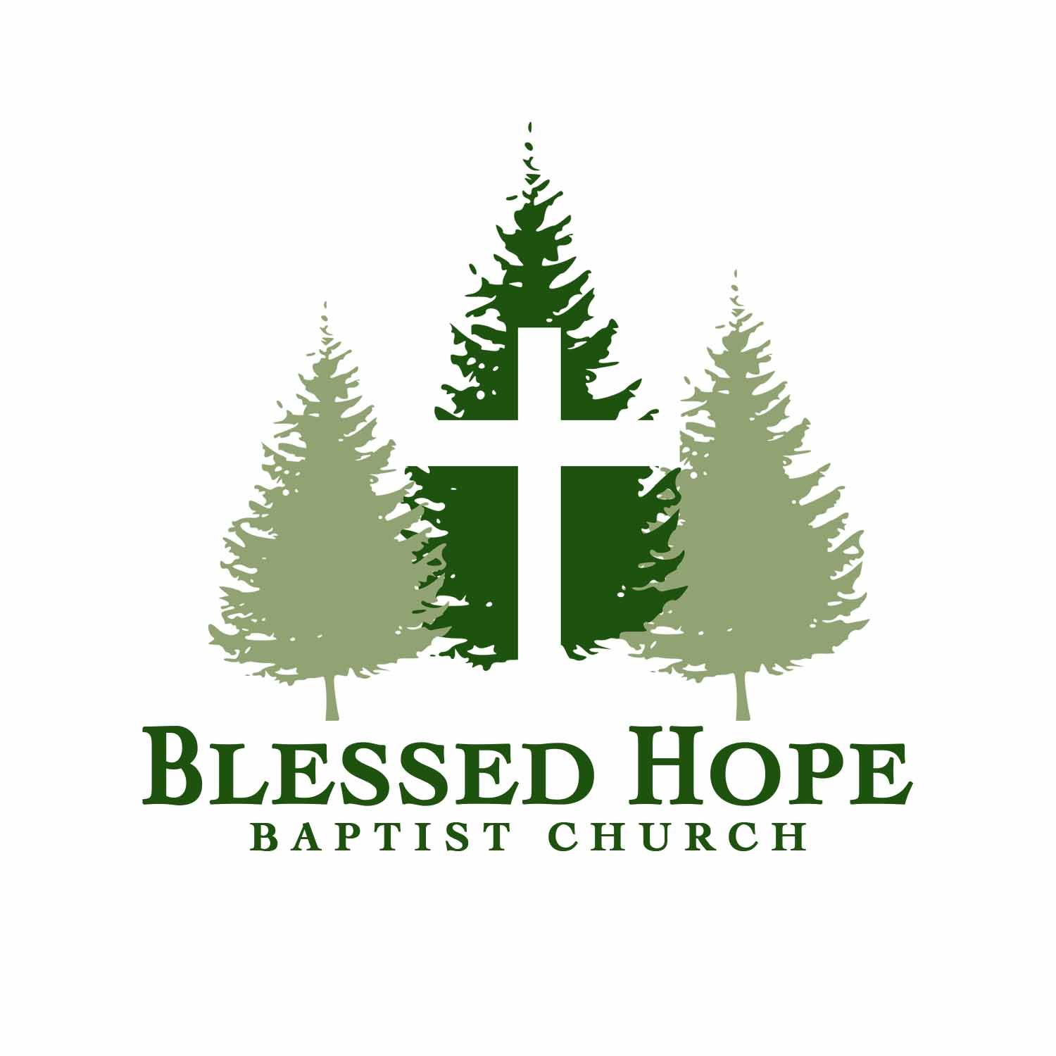Blessed Hope Baptist Church logo with green trees and a cross on a white background