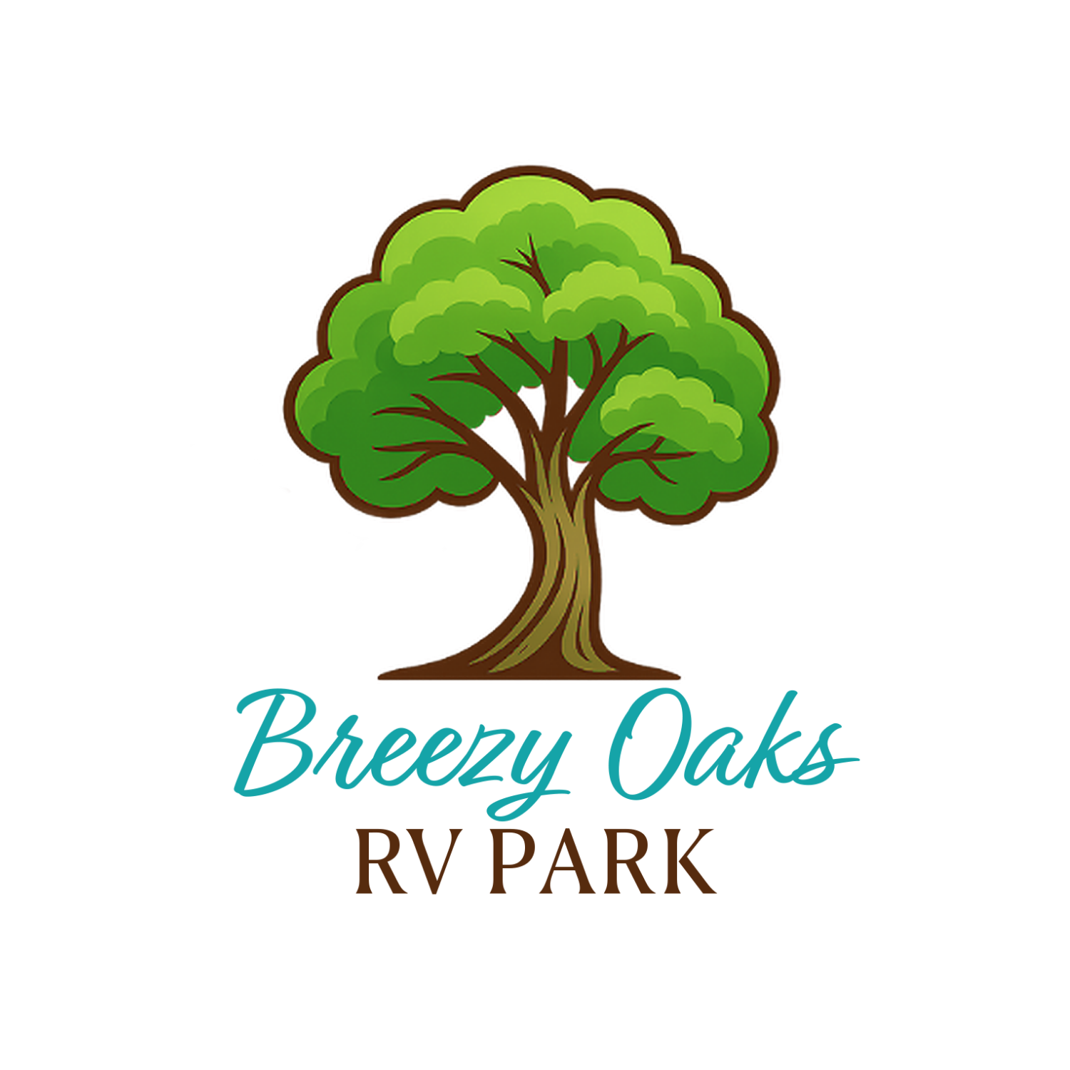 Logo with green tree and text “Breezy Oaks RV Park”