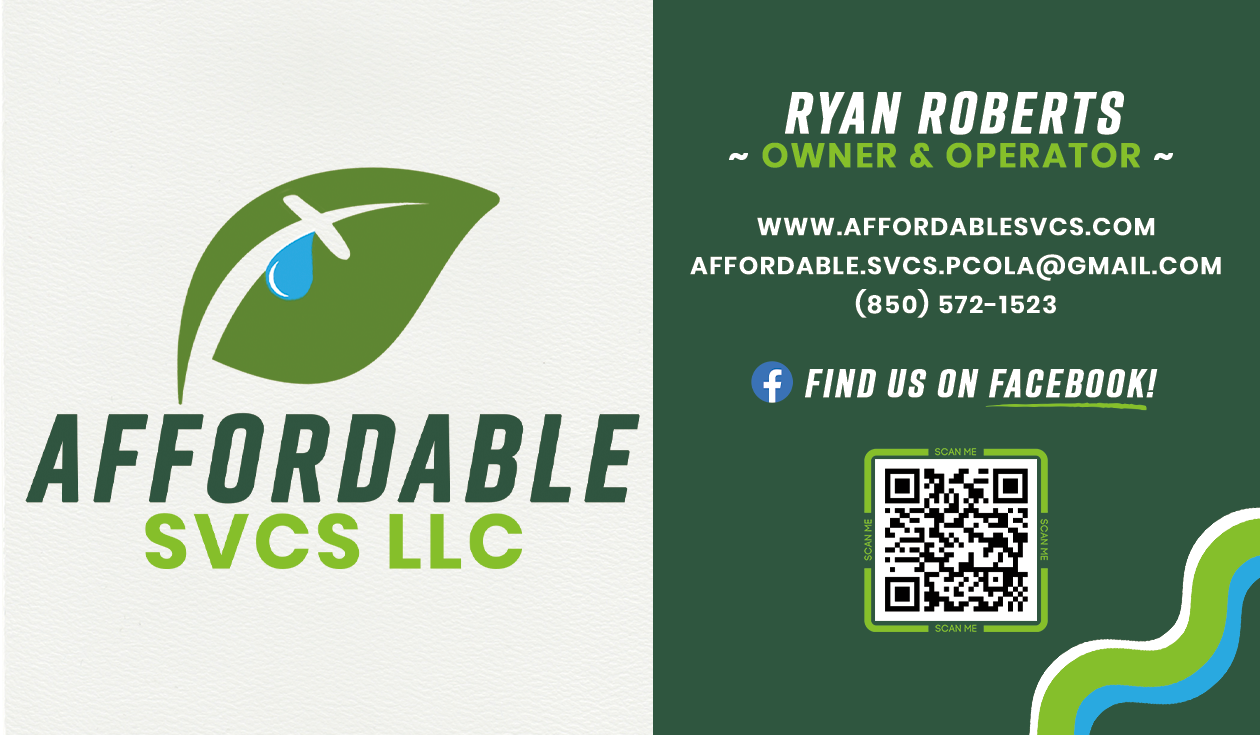 Affordable Svcs LLC logo and business card with green leaf icon, contact info, website, Facebook, and QR code