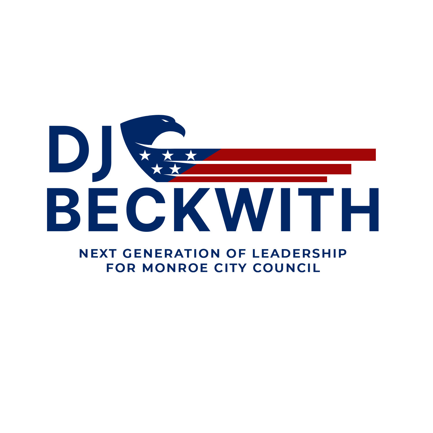 DJ Beckwith campaign logo in blue, white, and red with stars and stripes; “Next Generation of Leadership for Monroe City Council.”