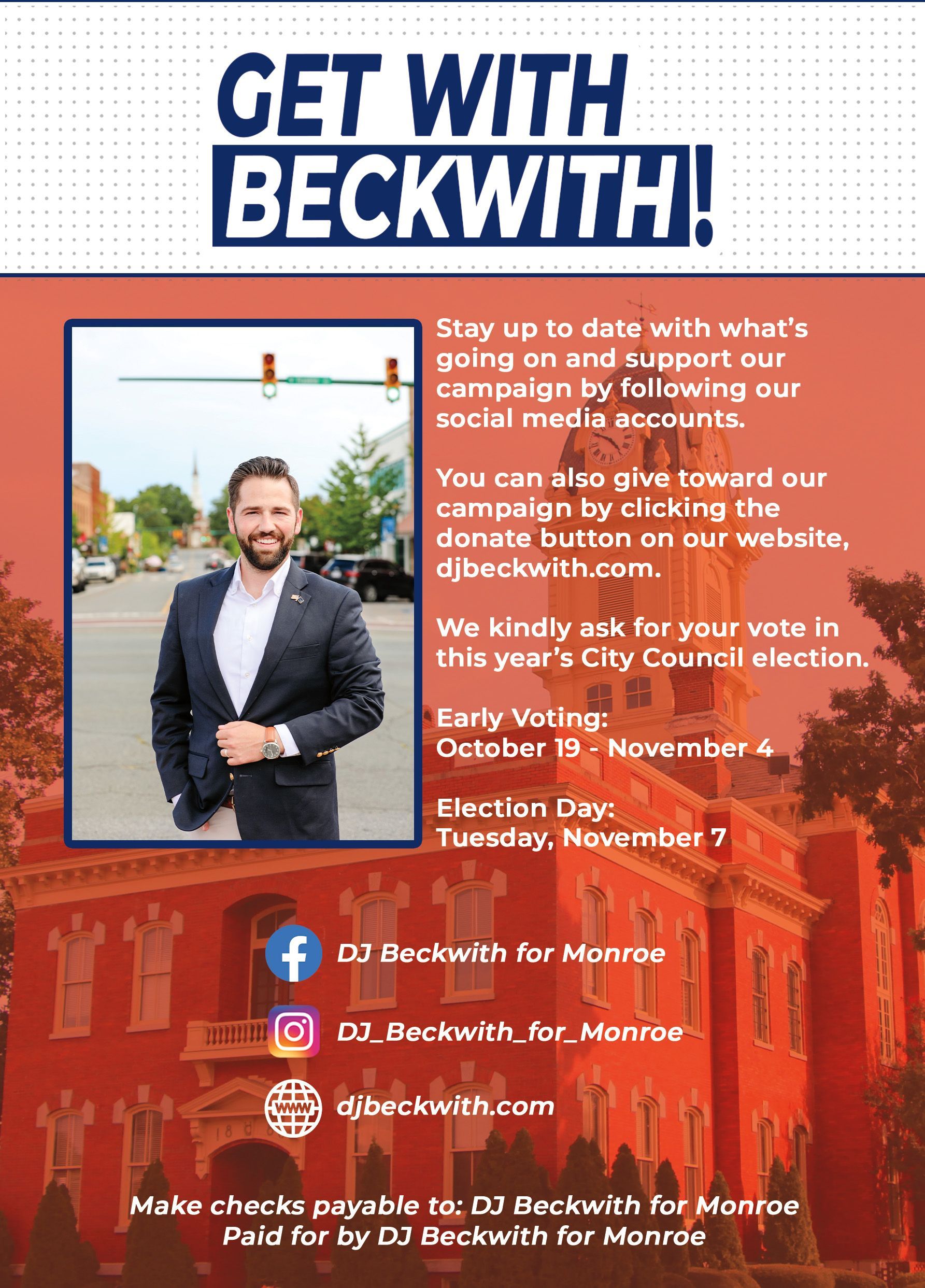 Campaign poster reading “Get With Beckwith!” with man in suit standing by a building and event details below