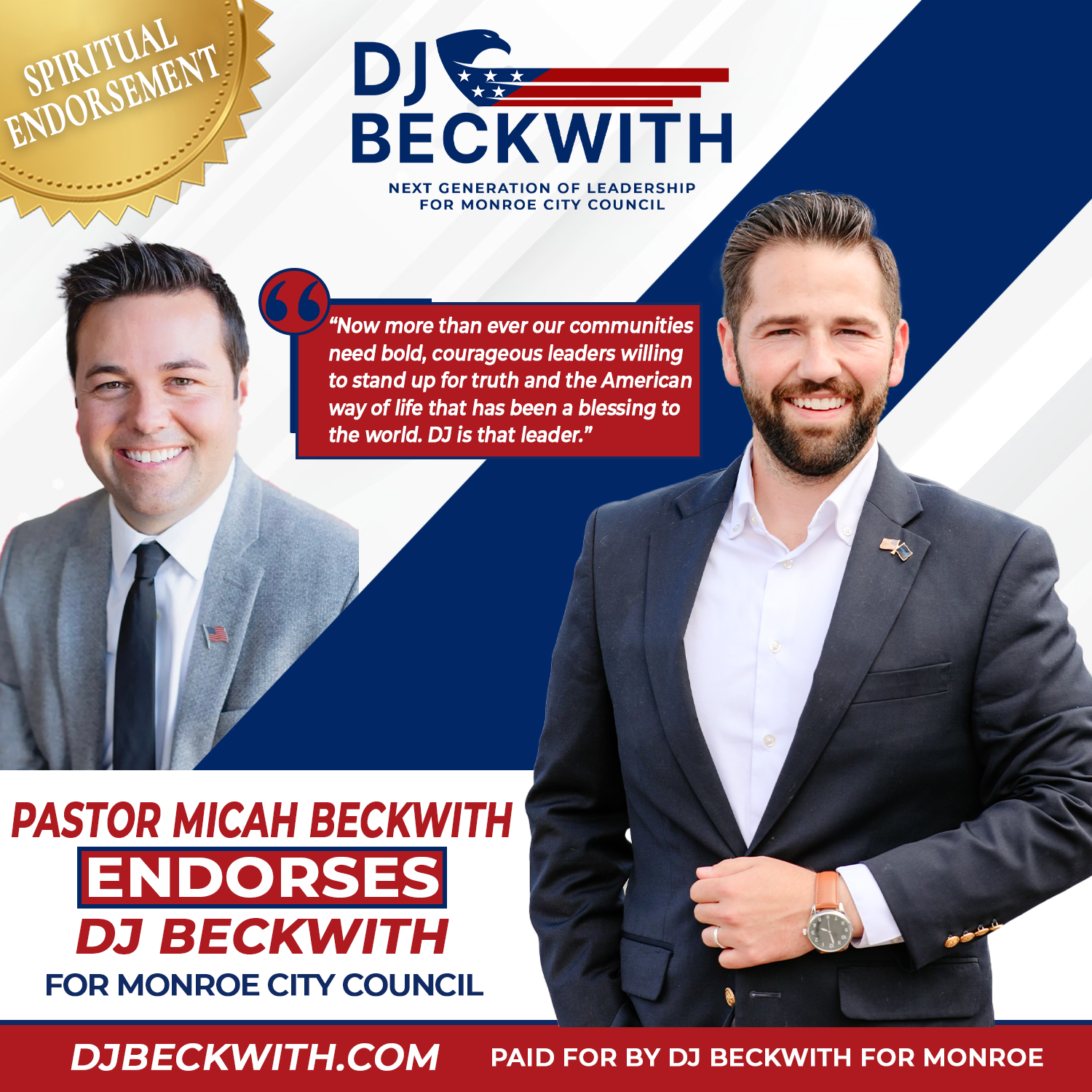 Political endorsement graphic for DJ Beckwith, featuring Pastor Micah Beckwith and a red quote box on blue background