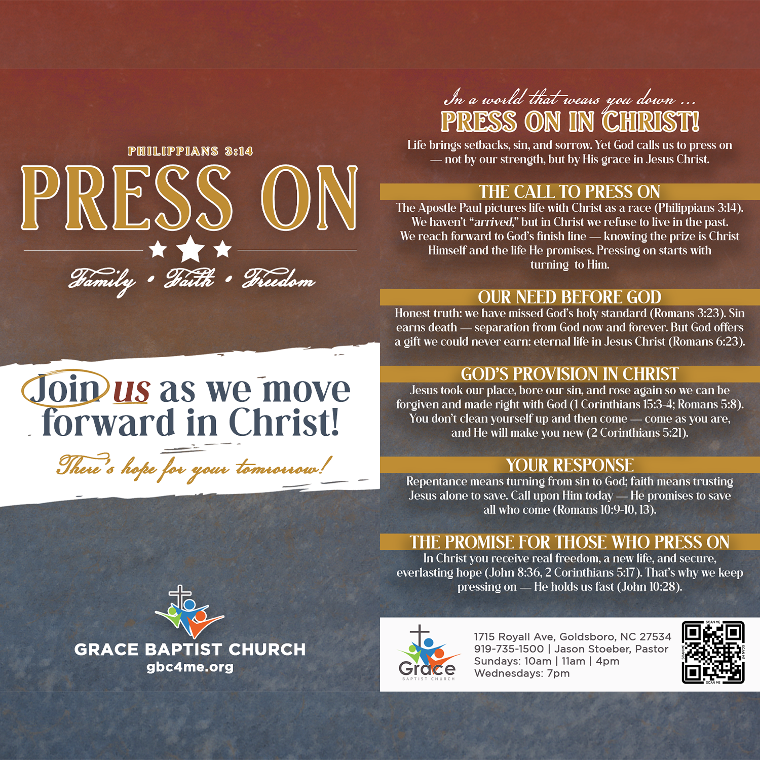 Christian church event poster titled “Press On” with Bible verses on blue and gold background