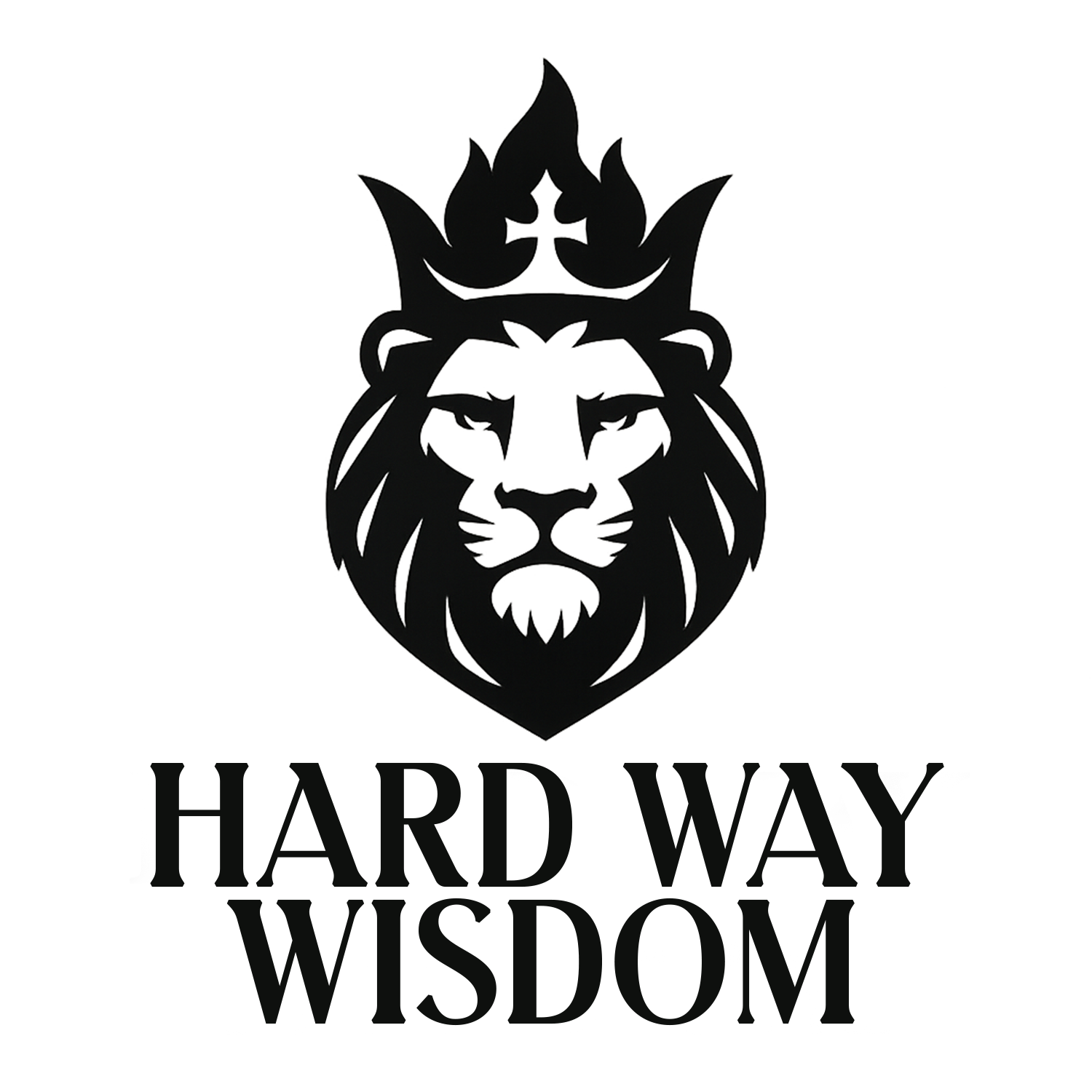 Black lion head logo with crown above the words “HARD WAY WISDOM” in bold black text.
