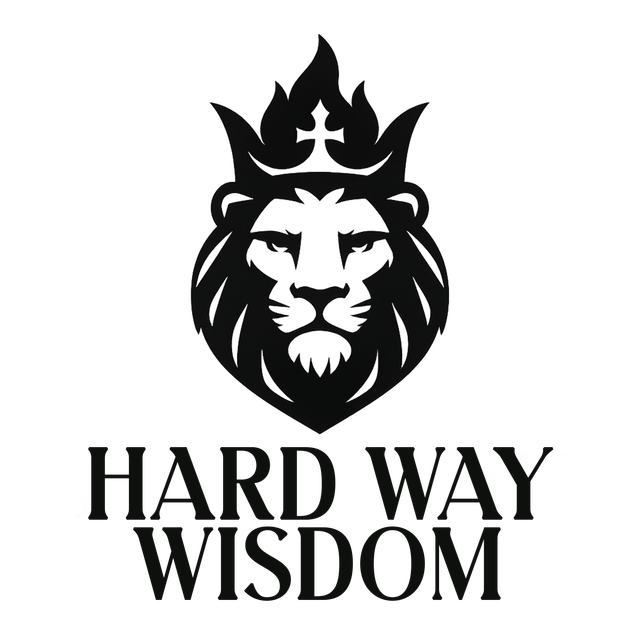 Black lion head logo with a crown above and the words “HARD WAY WISDOM” underneath