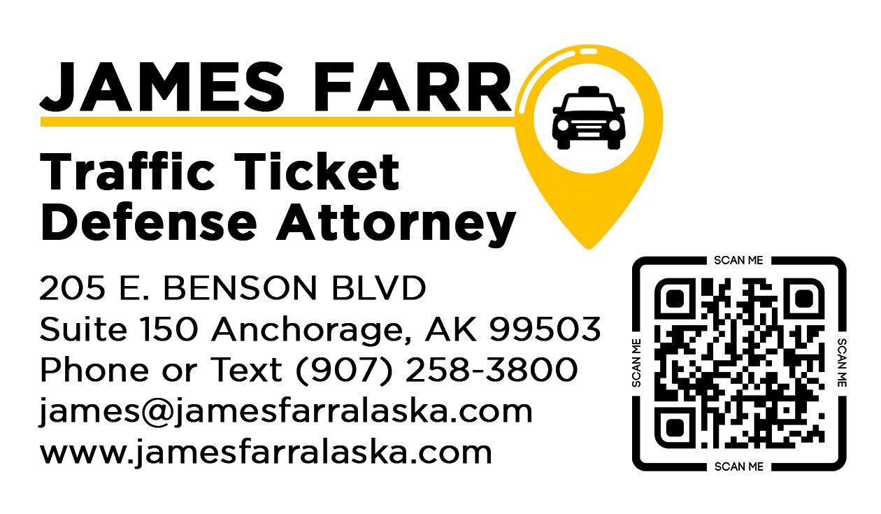 James Farr Traffic Ticket Defense Attorney business card with contact info and QR code, black and yellow.