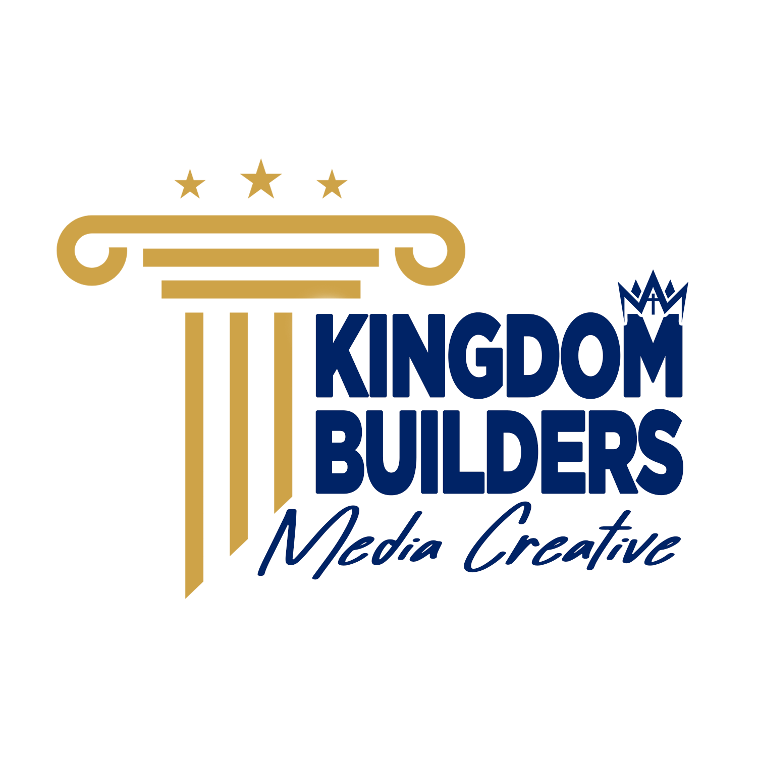 Kingdom Builders Media Creative logo in blue and gold with columns and stars