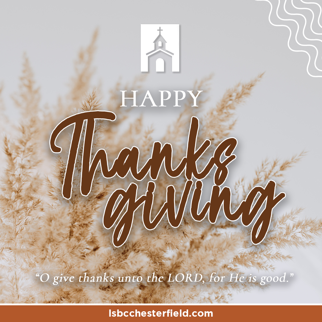 Happy Thanksgiving greeting with church icon, beige wheat background, and Bible verse text.
