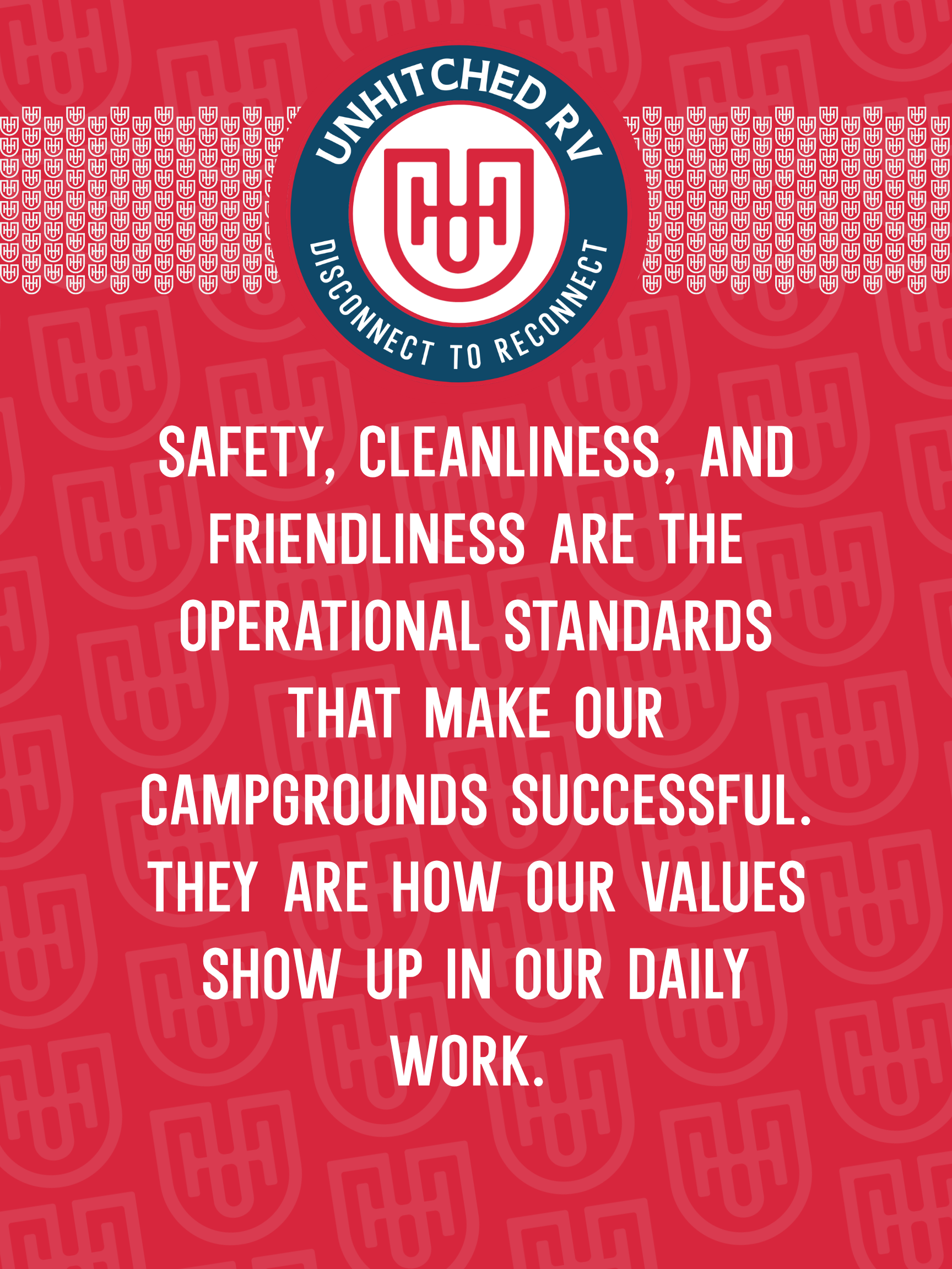 Red background poster with UHCU logo and text about safety, cleanliness, and friendliness in campgrounds.