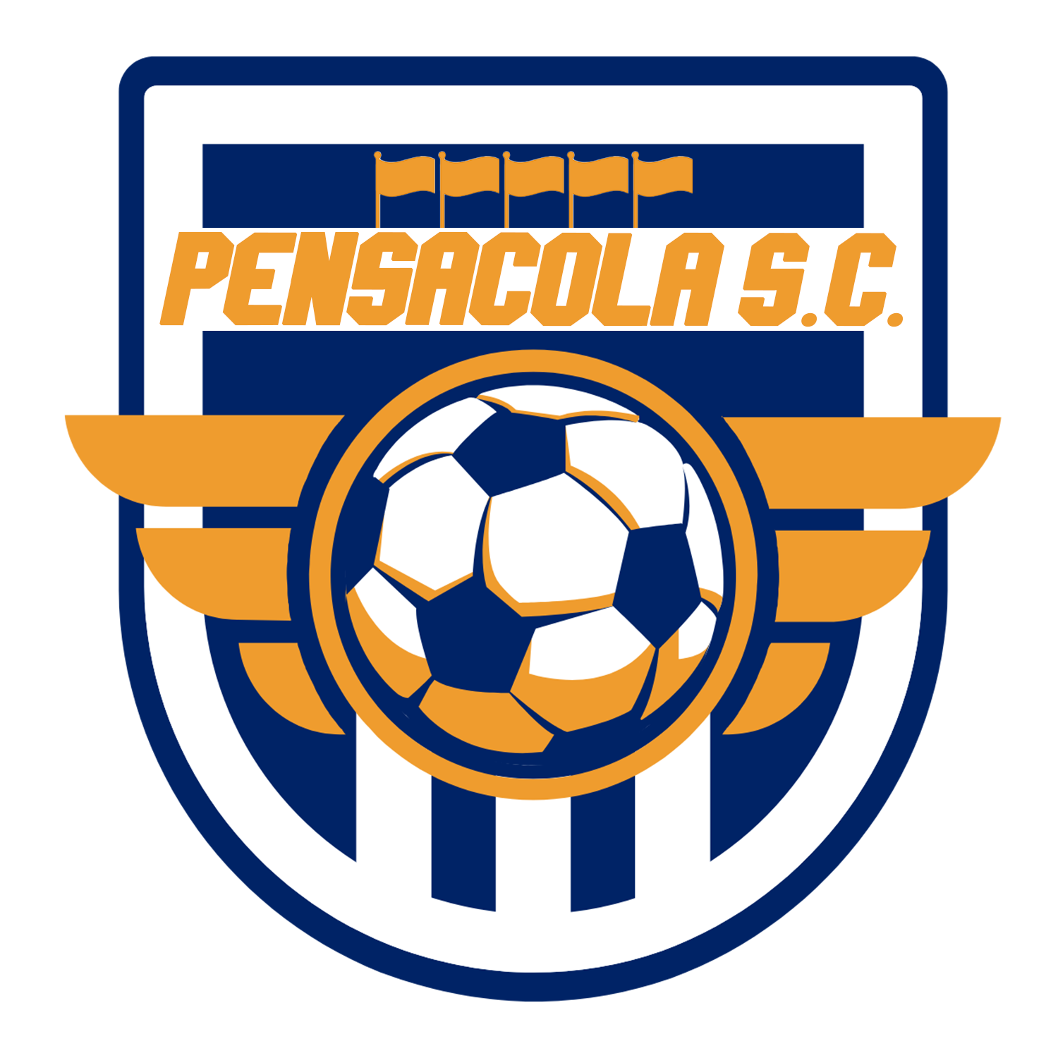 Pensacola S.C. soccer club logo in blue, white, and orange with a soccer ball emblem