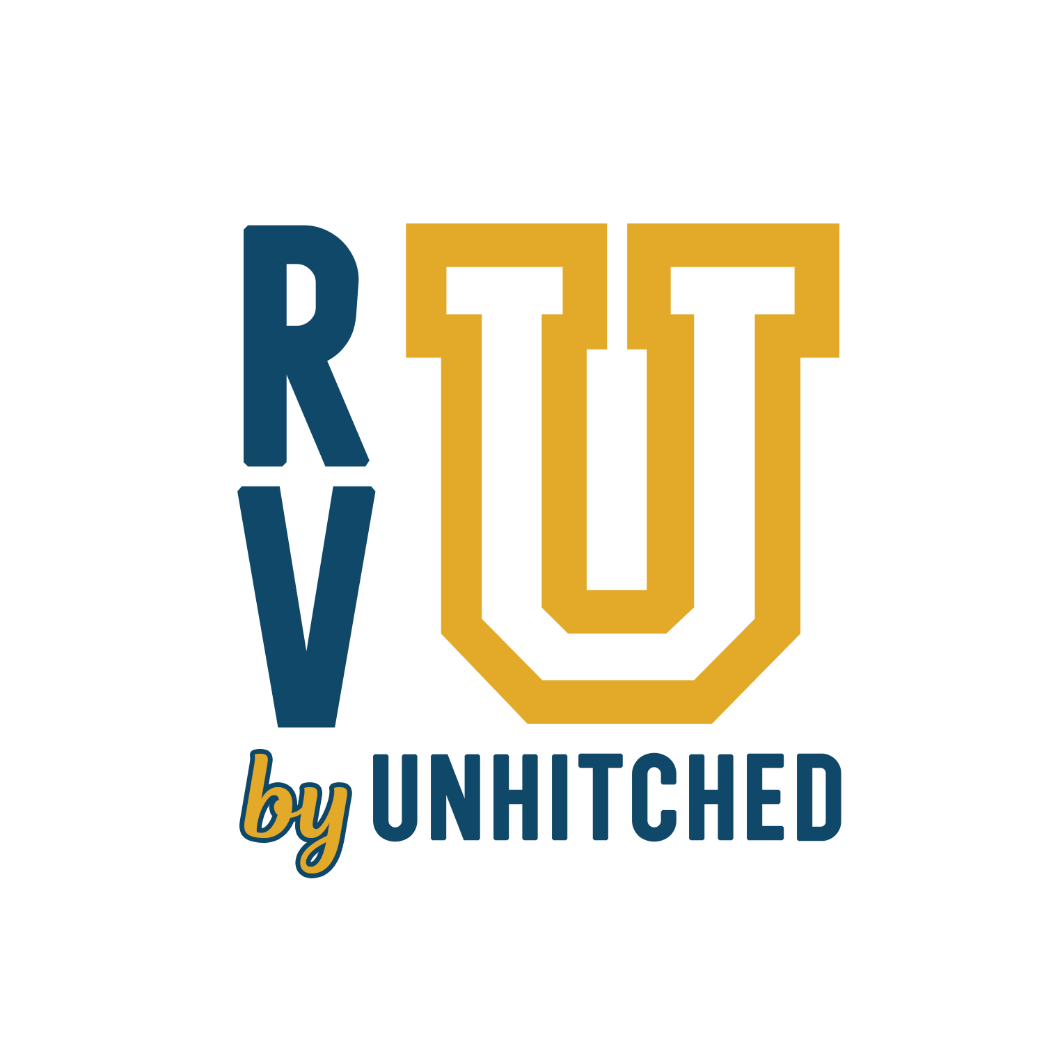 RVU by Unhitched logo in blue and gold on a white background