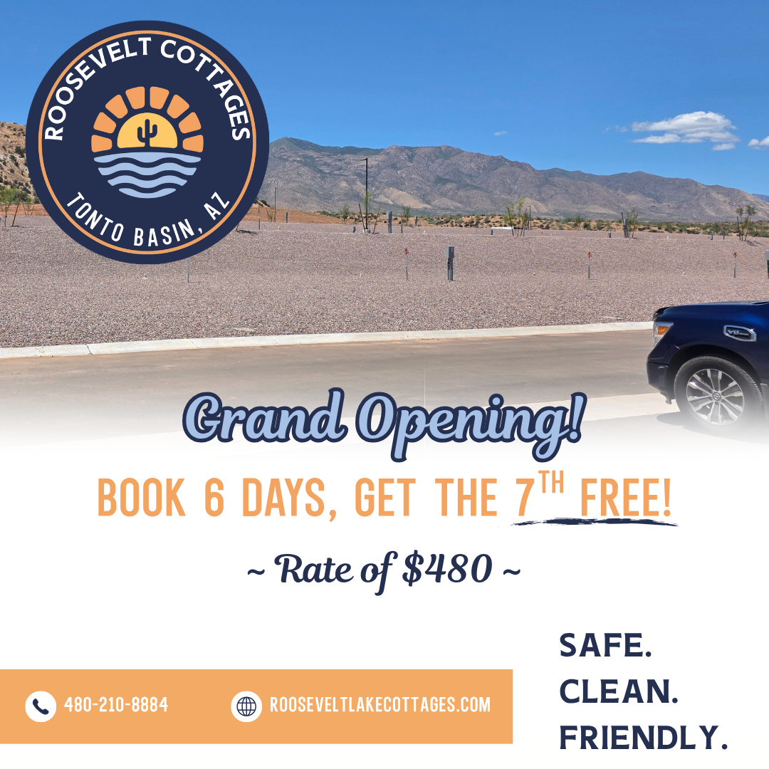Roosevelt Cottages grand opening ad with desert mountain backdrop, “Book 6 days, get the 7th free” and rate of $480.
