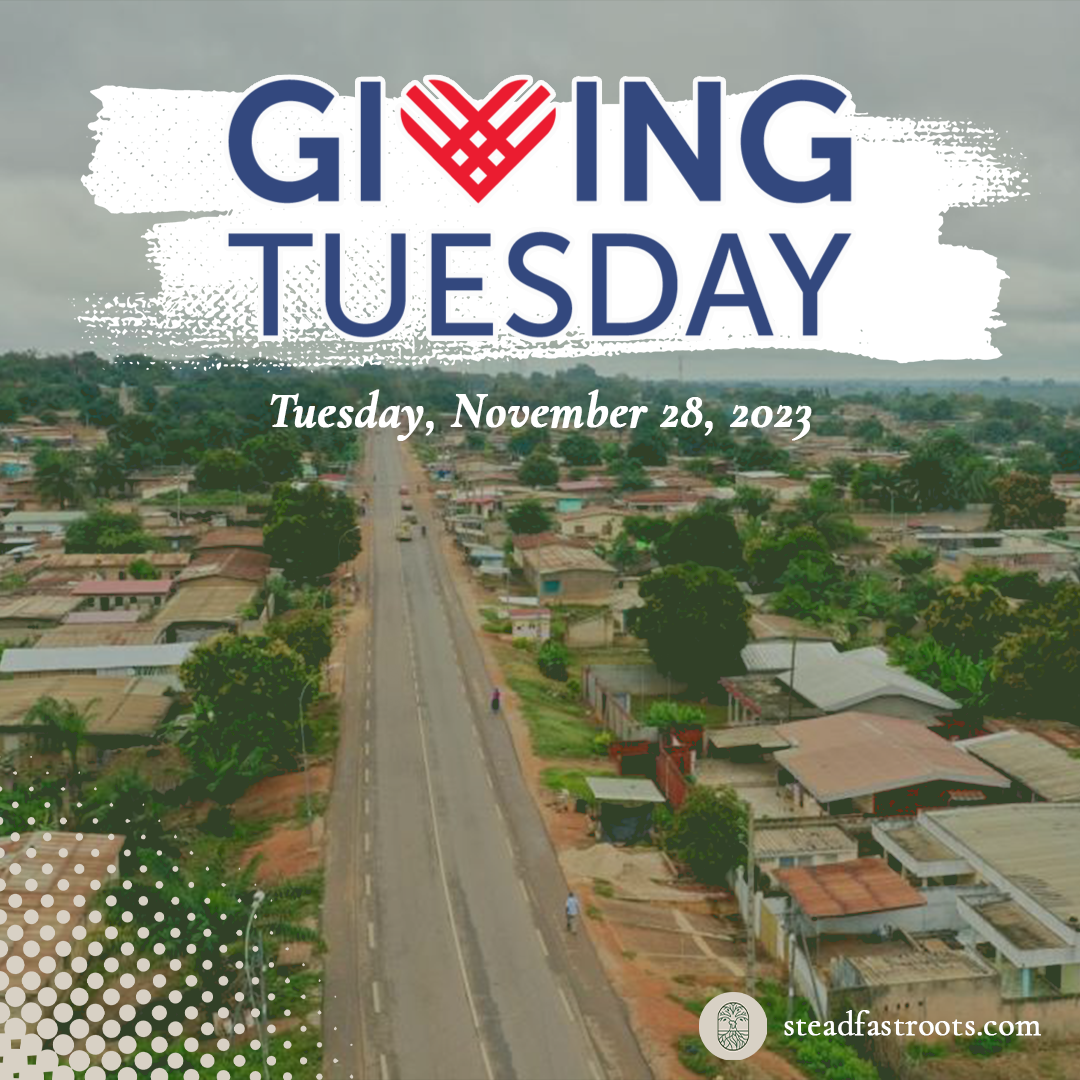 Giving Tuesday banner over aerial view of a road through a village, with date text and logo.