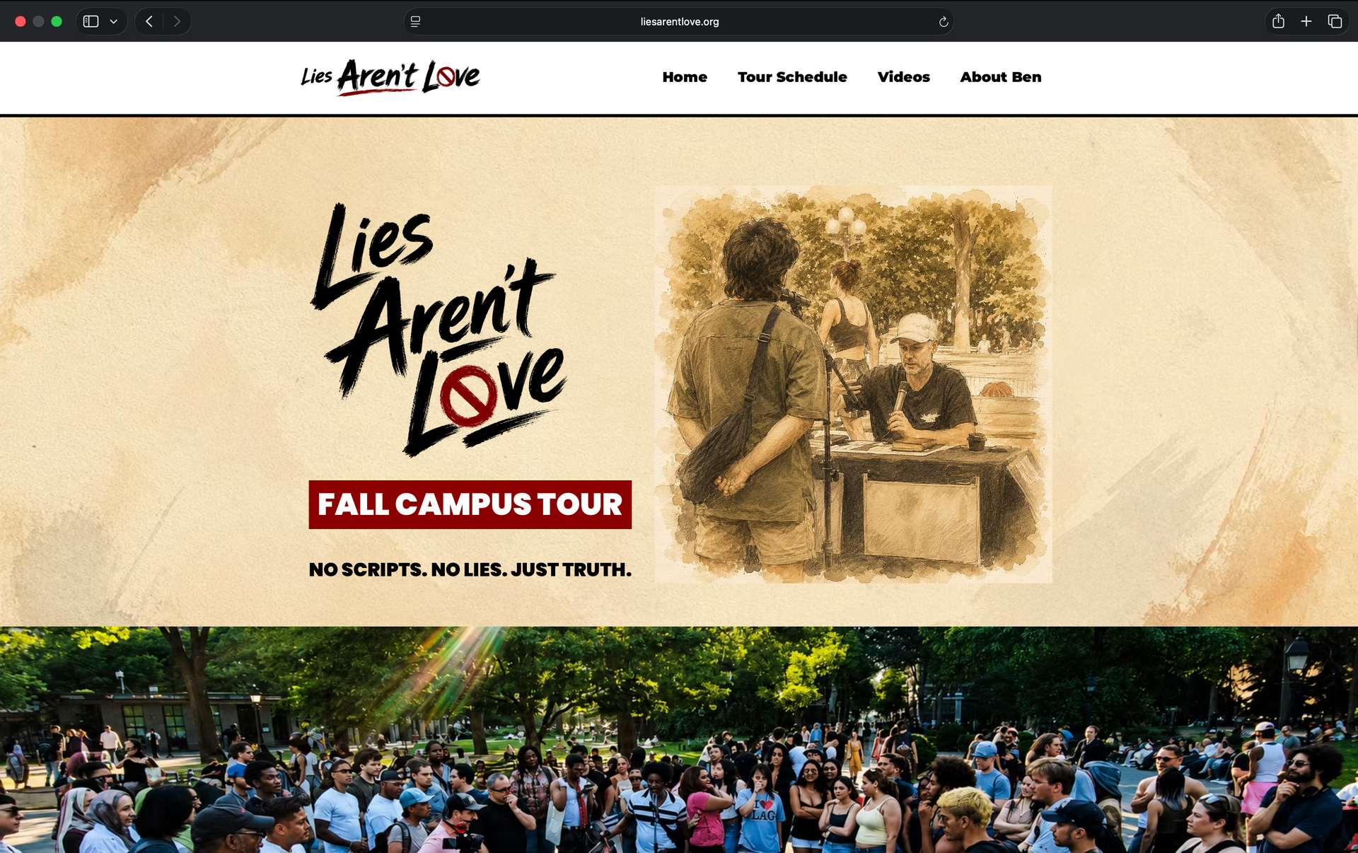 Website banner for “Lies Aren’t Love” Bell Campaign Tour with crowd photos and a sepia image of two people at center