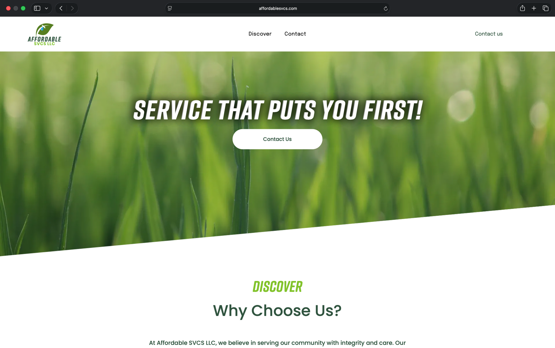 Website homepage with green grass hero banner, “Service That Puts You First!” headline, and call-to-action button