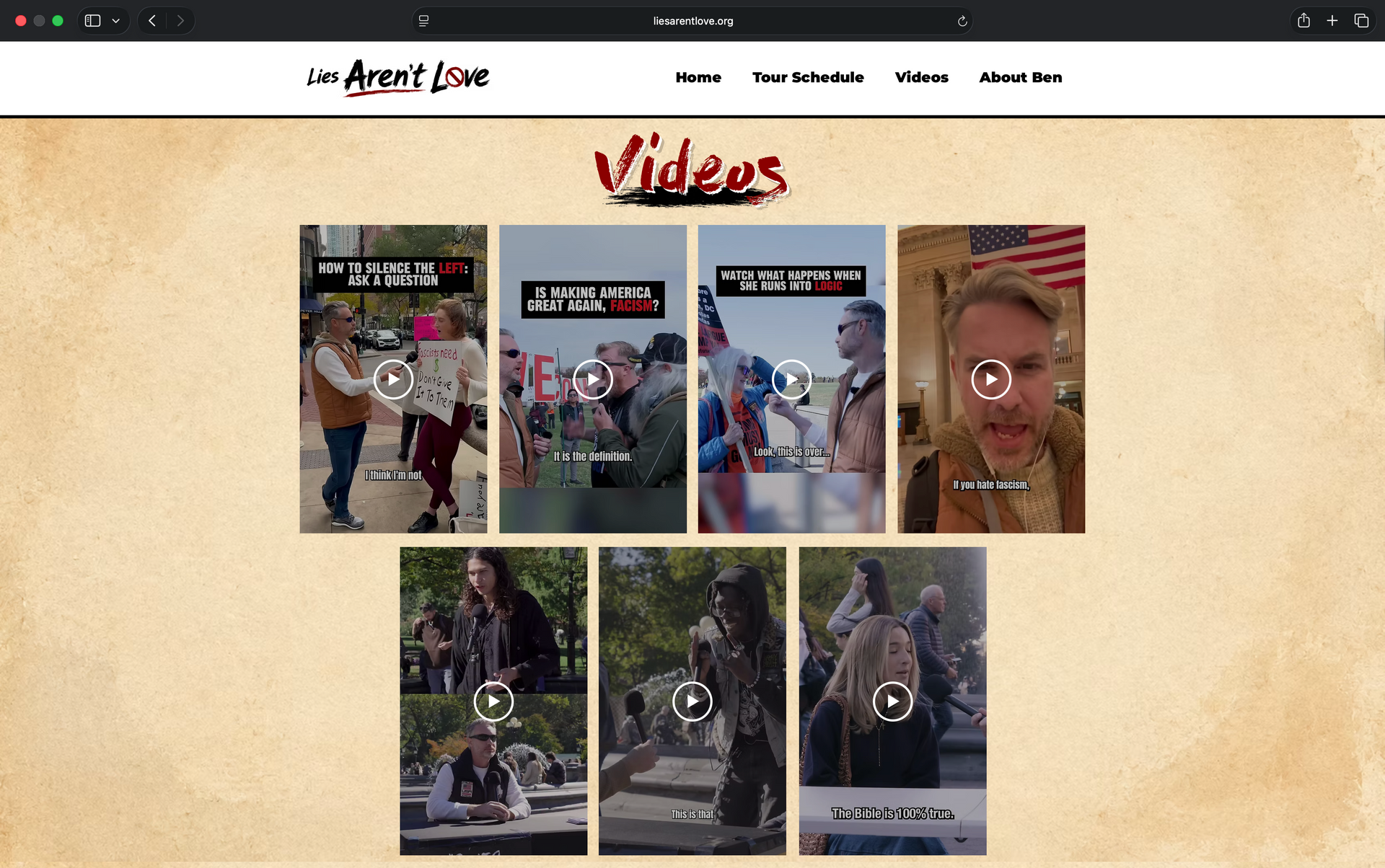 Website page with a “Videos” heading and a grid of video thumbnails on a beige background