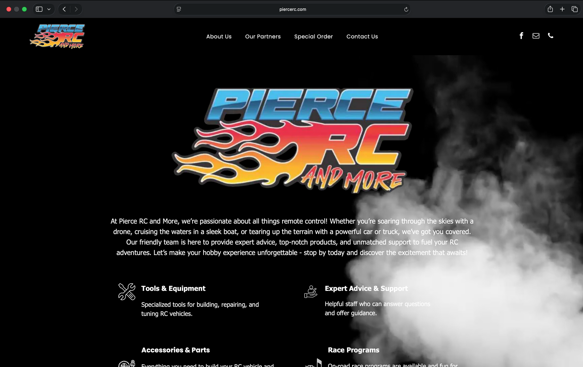 Website homepage for Pierce RC with neon logo, smoke background, and navigation bar