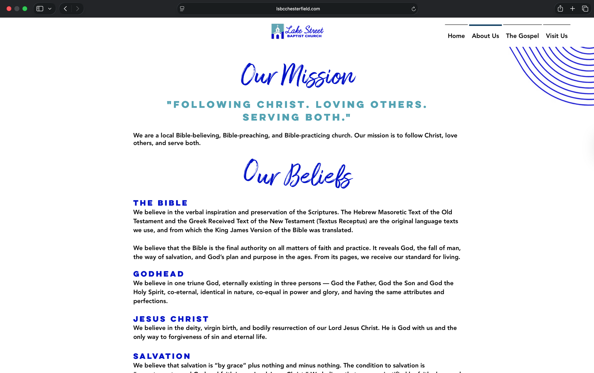 Faith Mission website page with logo, “Our Beliefs” heading, and blue text sections on a white background