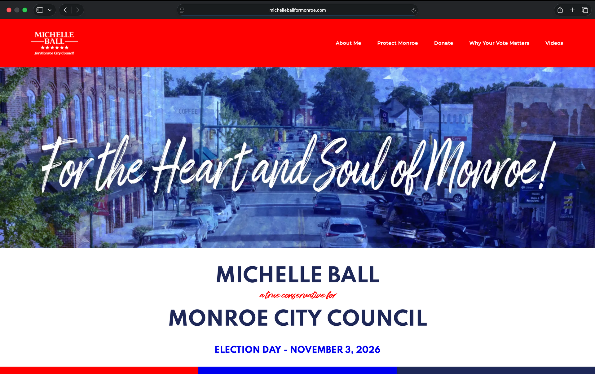 Campaign banner for Michelle Ball, Monroe City Council, with red header and city skyline background