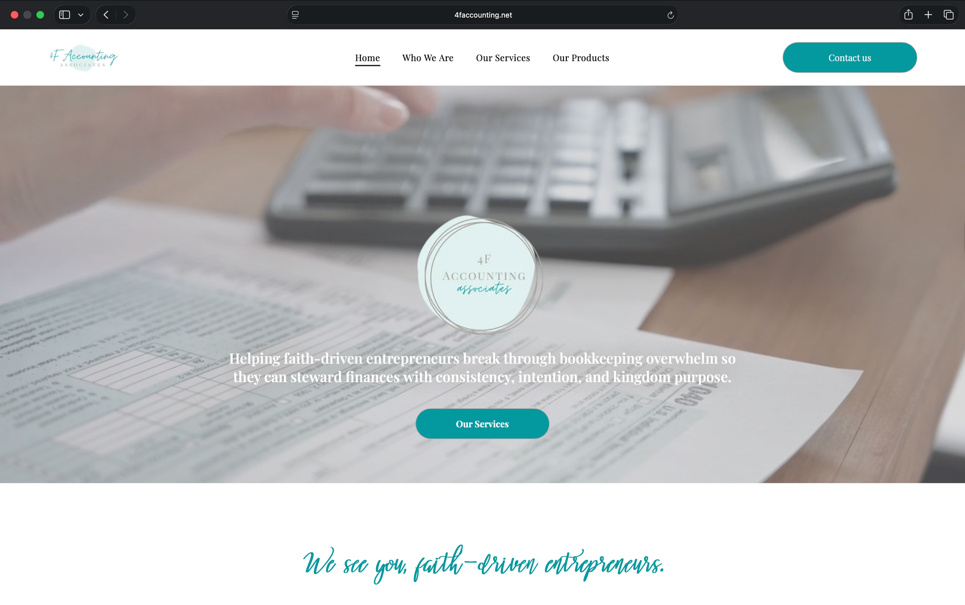 Homepage hero banner with calculator, paperwork, and teal call-to-action button