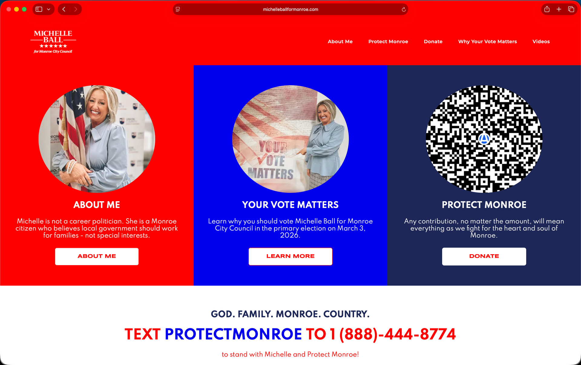Red website banner with three circular service panels and a red donation button with phone number/text info below
