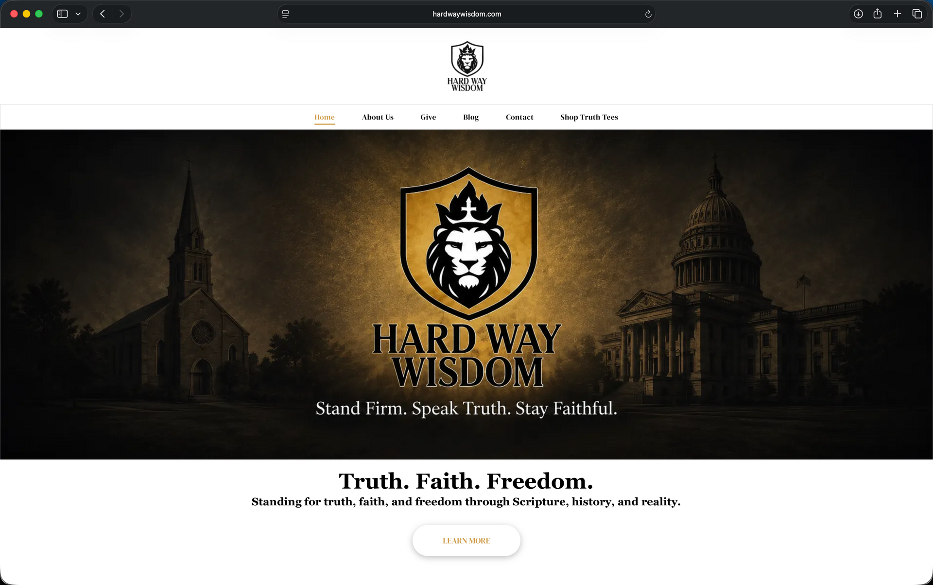 Homepage hero with people raising hands in a yoga class, overlaid text, and gold feature icons below