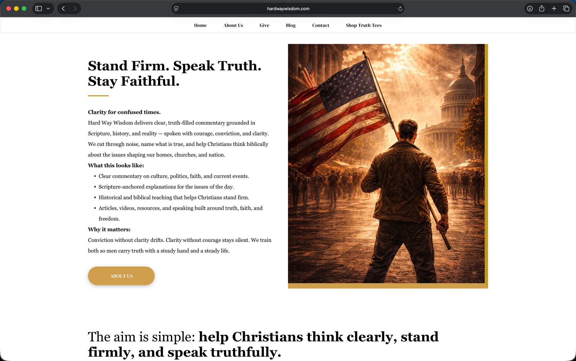 Website hero section with mountain silhouette, bold headline, and gold call-to-action button