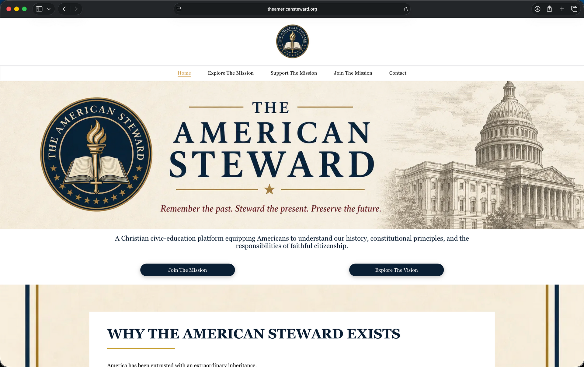 Website homepage for “The American Steward” with Capitol-themed banner and patriotic colors