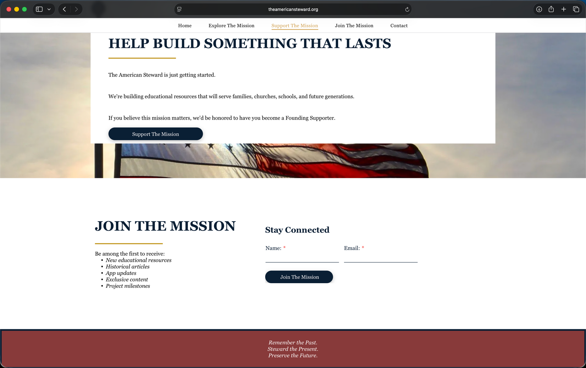 Webpage for a mission campaign with a donation form and U.S. flag hero image