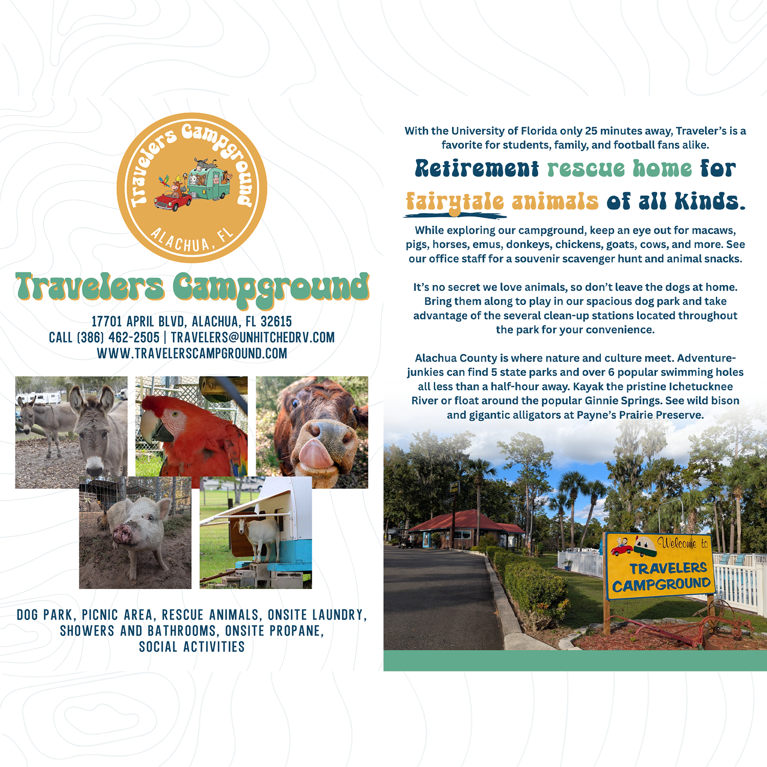 Travelers Campground brochure with logo, rainbow text, photos, and a campsite photo on a teal background