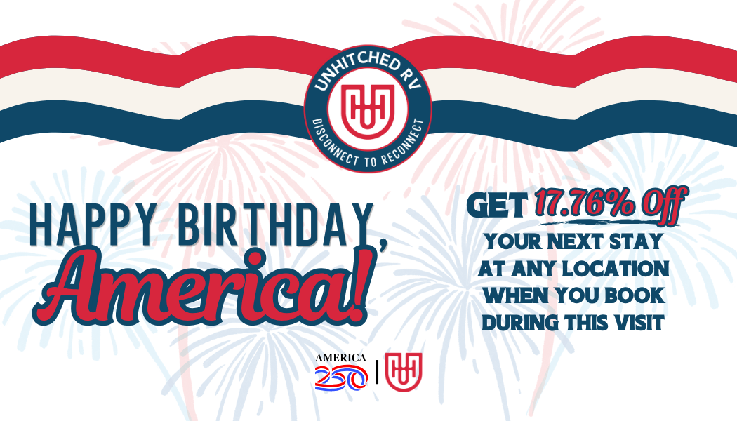 Red, white, and blue patriotic banner: “Happy Birthday America!” with a hotel promotion text on the right.