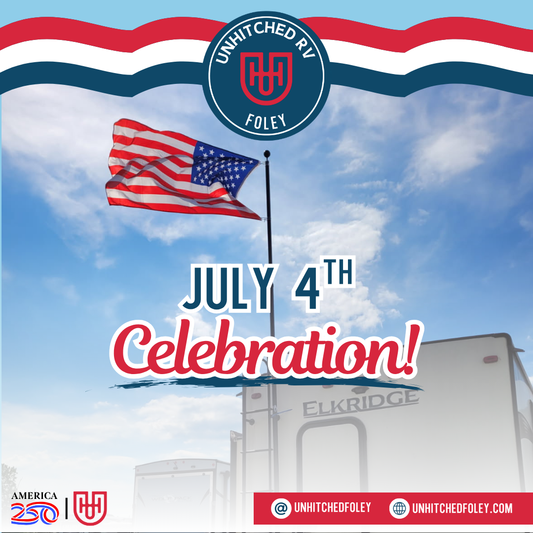 July 4th celebration graphic with waving U.S. flag and Unmatched Volleyball logo