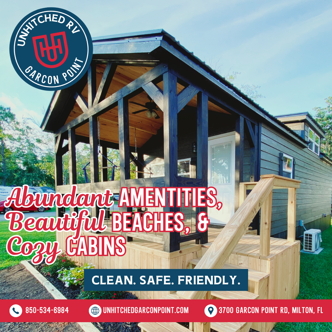 Cabin rental exterior with text promoting abundant amenities, beautiful beaches, and cozy cabins