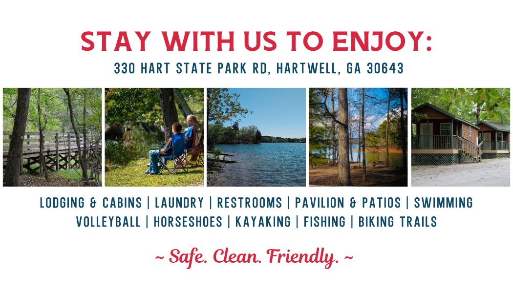 Park lodging ad with cabins and outdoor activities at Lake Martin State Park in Dadeville, Alabama.