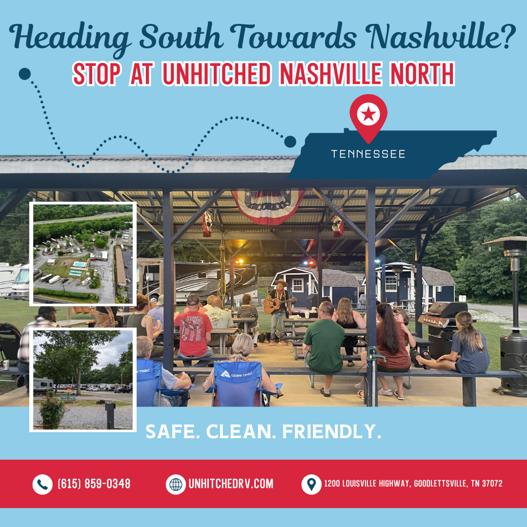Bold blue promo for Unhitched Nashville North with indoor/outdoor patio seating and “Heading South Towards Nashville?” text
