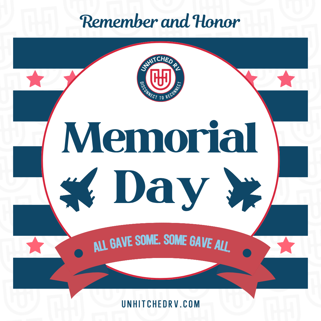 Memorial Day graphic with patriotic stripes, stars, and “All gave some, some gave all” ribbon.