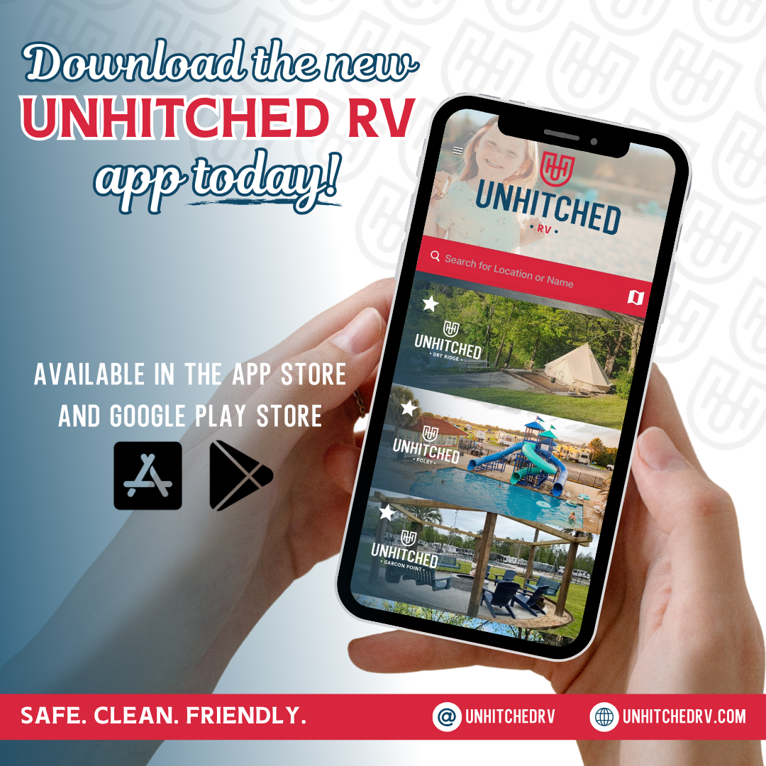 Ad for the Unhitched RV app, with a hand holding a phone and campground photos on the screen.