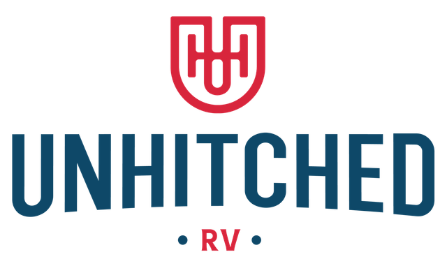 Unhitched RV logo in navy and red with a stylized red emblem above the wordmark.