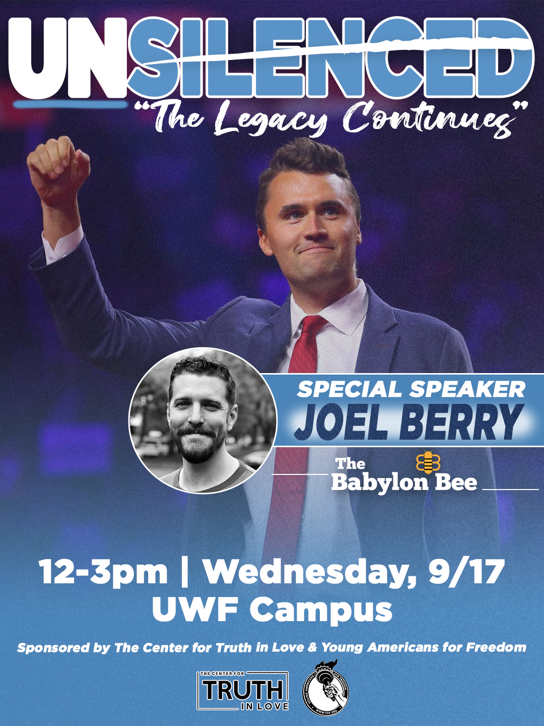 Event flyer for “Unsilenced: The Legacy Continues” with speaker Joel Berry at UWF campus, 12–3pm Wednesday 9/17