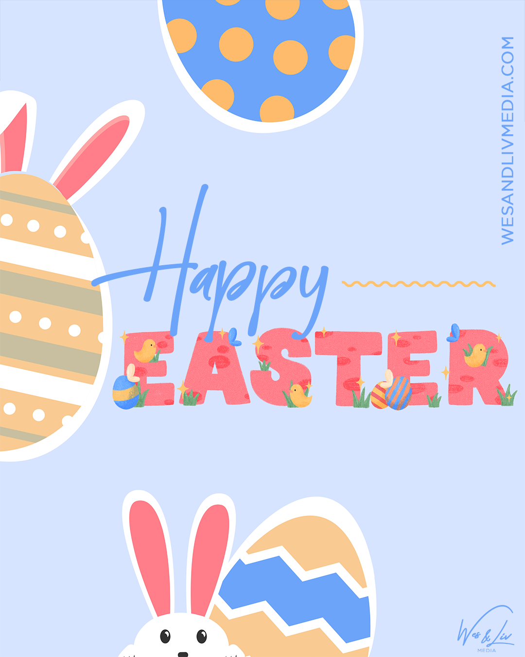Pastel Easter greeting with decorated eggs and bunny ears on a light blue background