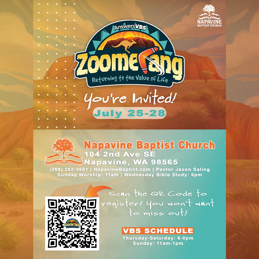 Colorful Zoomerang VBS event flyer with date, church details, schedule, and QR code