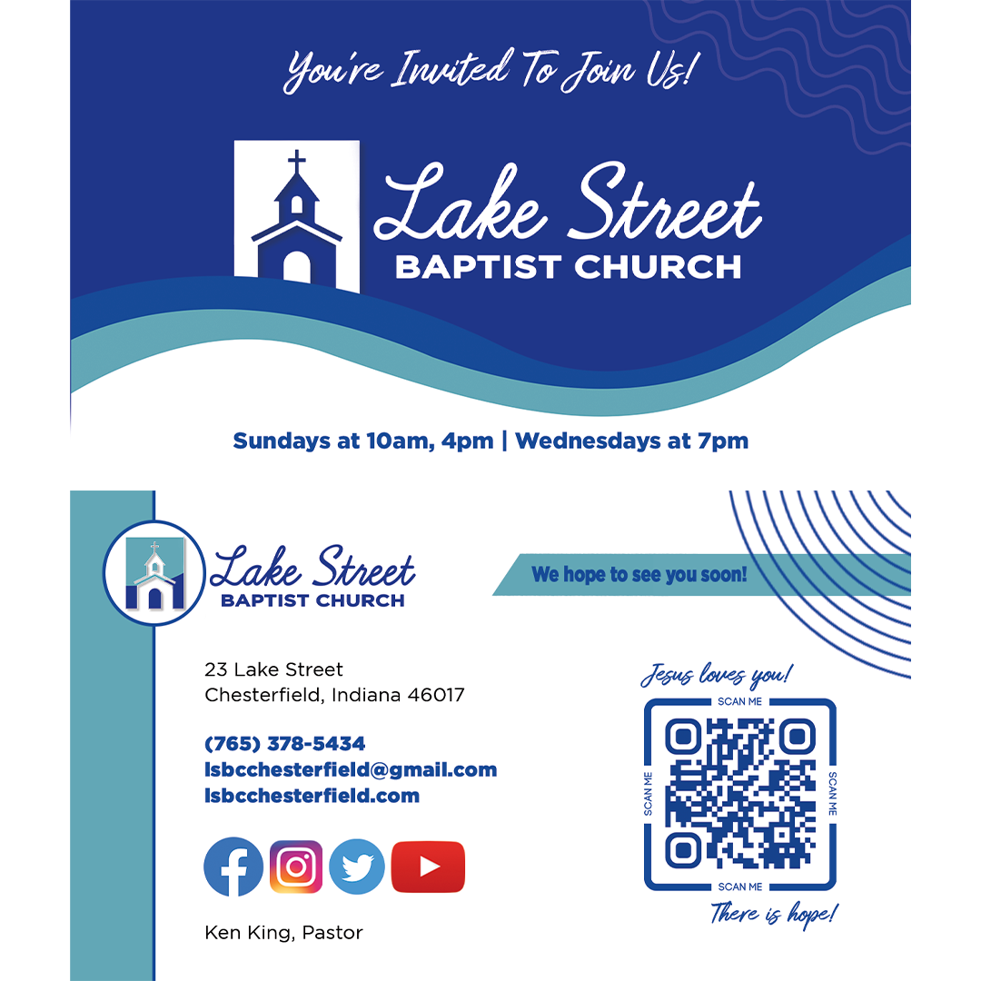 Lake Street Baptist Church invitation flyer with blue logo, service times, contact info, and QR code