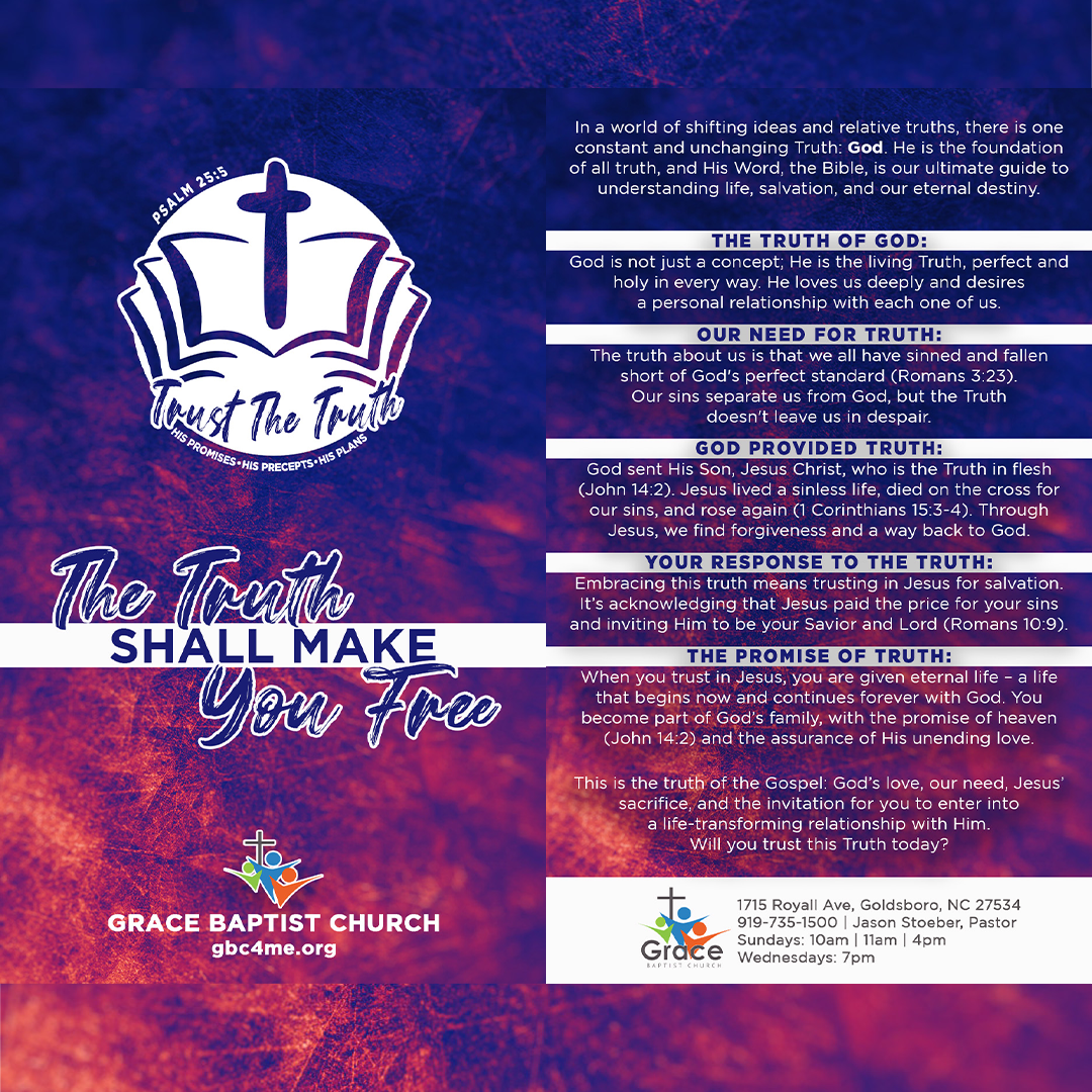 Church flyer with purple-orange background, open Bible logo, and text “The Truth Shall Make You Free” from Grace Baptist Church.