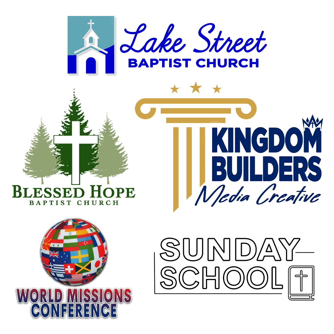 Logos for Lake Street Baptist Church, Blessed Hope Baptist Church, Kingdom Builders Media Creative, World Missions Conference, and Sunday School