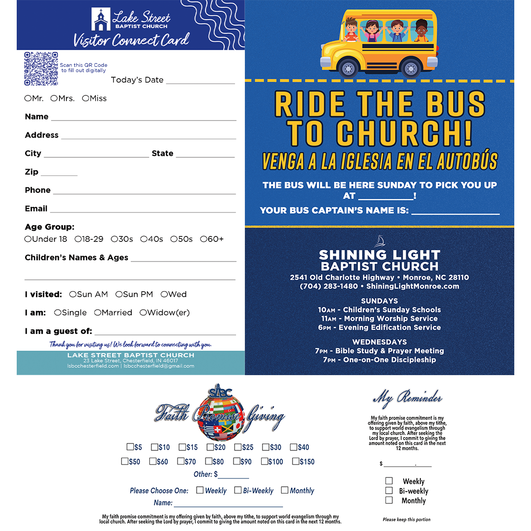 Blue church event flyer with bus graphic reading “Ride the Bus to Church” and a registration form.