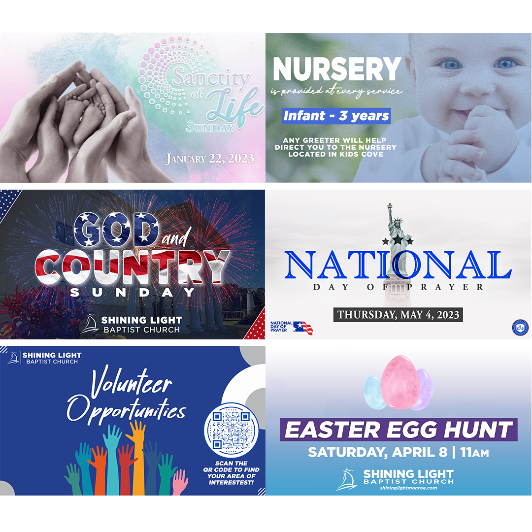 Church event flyer collage with nursery, Volunteer Opportunities, Good Country Sunday, National, and Easter Egg Hunt promotions