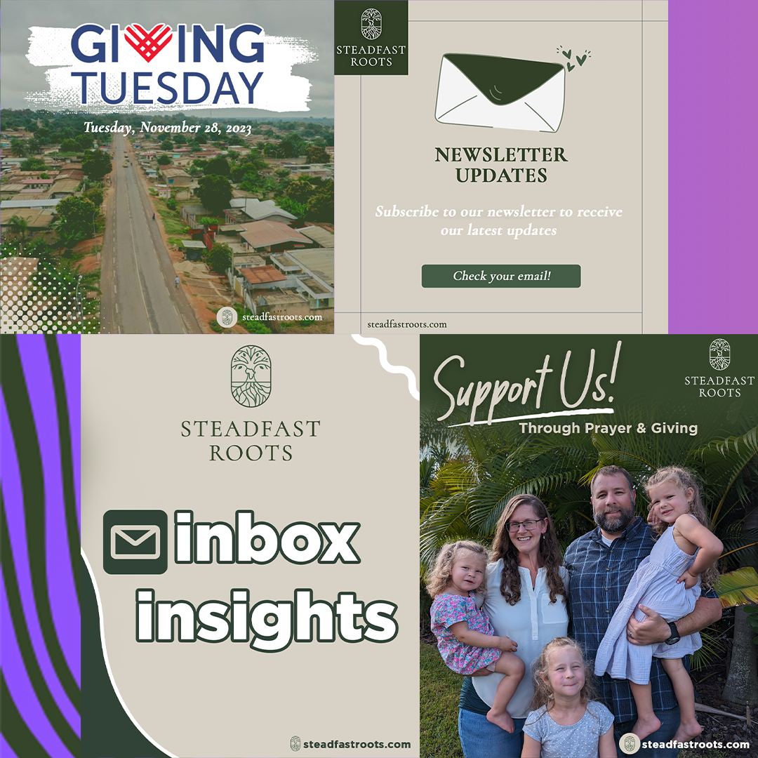 Collage of church promo graphics: Giving Tuesday, newsletter updates, inbox insights, and support us with a family photo