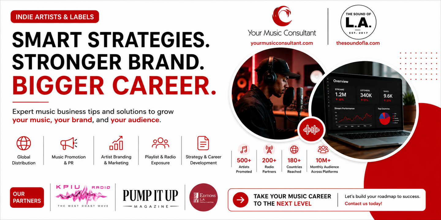 Marketing poster: “Smart Strategies. Stronger Brand. Bigger Career.” with logos, icons, and laptop screenshots on white/red background