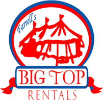Logo: Red circus tent within a blue and red circle,